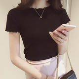 韩版2016夏季女装新款修身显瘦短款毛针织衫纯色圆领短袖打底衫潮
