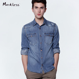 Markless春季新款牛仔衬衫男长袖男士休闲修身衬衣韩版衬衫外套潮