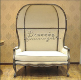 美式乡村实木做旧大单人沙发椅个性麻布高背蛋壳椅酒店会所形象椅
