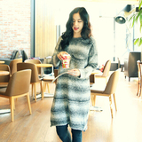 韩国代购2014Dec新冬装女款宽松长款麻点渐变条纹连衣裙针织毛衣