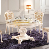 豪华天然大理石圆形餐桌椅组合进口橡木雕花尊贵典雅别墅欧式圆桌
