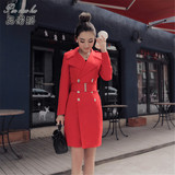 大红色中长款风衣女装2016春秋新品韩版双排扣修身外套显瘦西装潮