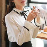 2016秋装新款衬衫女长袖韩版OL通勤时尚修身喇叭袖雪纺白色上衣潮