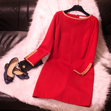 红色打底连衣裙秋冬中长款修身显瘦长袖包臀黑色宴会结婚服长款
