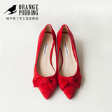 橘子布丁/独立设计/尖头蝴蝶结中低跟浅口单鞋迷人红色女婚鞋A11