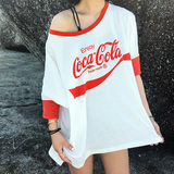 夏季女装韩版宽松百搭个性露肩上衣可乐印花蝙蝠袖五分袖短袖T恤