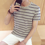 夏季男款韩版男士圆领短袖T恤条纹修身薄打底衫体恤男装小衫衣服