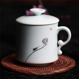 景德镇纯手绘陶瓷茶杯 青瓷过滤杯带盖泡茶杯子马克杯办公杯水杯