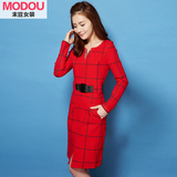 格子连衣裙中长款2016春季新款韩版修身显瘦打底包臀红色裙子V领