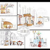 休闲欧美街景咖啡屋茶座场景插画手绘建筑装饰画高清图片矢量素材