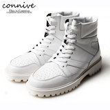 connive 潮流时尚休闲系带高帮靴子 圆头真皮厚底增高白色鞋子