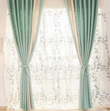 法瑞尔 仿麻棉麻面料蓝色地中海风格窗帘纯色绣花纱客厅卧室窗帘