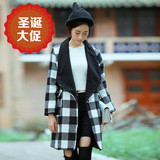秋冬新品韩版时尚潮流女装黑白格子中长款毛呢宽松大码外套