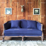 现货美式实木做旧双人沙发法式复古三人布艺绣花沙发橡木仿古沙发