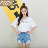韩国2016夏装字母简约宽松显瘦大V领短袖T恤女韩版半袖大领口上衣