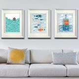 有框客厅装饰画现代简约沙发背景墙画房间挂画清新抽象海浪大小鱼