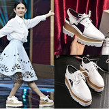 谢娜刘亦菲明星同款包头系带鞋坡跟厚底松糕凉鞋2016真皮方头女鞋