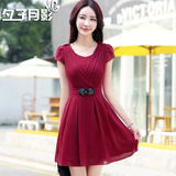 夕子月影夏季新款韩版修身中长款显瘦大码OL短袖纯色雪纺连衣裙潮
