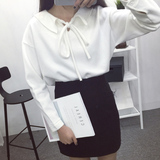 韩国春季新款宽松娃娃领蝴蝶结套头长袖针织衫女学生打底衫上衣