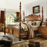 美式实木乡村卧室双人床 欧式复古雕花高柱子床 柱式床 定制家具