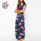 Haoduoyi2016夏装新款 欧美风波西米亚印花长裙 圆领无袖连衣裙女