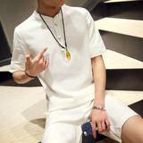 夏季男士纯色棉麻短袖T恤套装加肥加大码短裤五分裤中国风潮男装