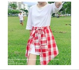 韩版女装新款百搭纯色中长款T恤假两件连衣裙格子衬衫系腰短裙子