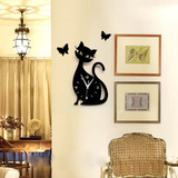 可爱猫咪黑猫墙贴挂钟亚克力墙贴挂钟儿童房卧室客厅创意卡通挂钟