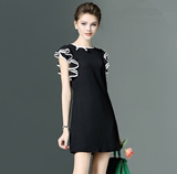 海青蓝2016夏季新款时尚黑白色一步裙圆领无袖修身显瘦连衣裙5381