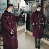 韩国2016冬装新款韩版大码加厚呢大衣中长款过膝牛角扣毛呢外套女
