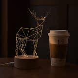 北欧led小夜灯3D立体装饰台灯麋鹿造型木质底座创意生日节日礼物