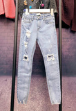 韩国女装新款牛仔裤女高腰修身显瘦小脚裤个性破洞铅笔裤直筒长裤