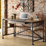 美式乡村实木铁艺书桌复古做旧创意电脑桌工业风带抽屉双层办公桌