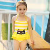 韩新款女童宝宝泳衣可爱小猫泳装条纹速干抗UV度假温泉连体游泳衣