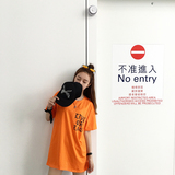 韩版夏季宽松显瘦橘色字母印花短袖t恤女中长款纯棉圆领百搭上衣