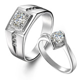 925银镀铂金创意男女戒指 情侣婚戒对戒指一对仿真钻戒情人节刻字