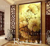 东南亚泰式手绘荷花荷叶金箔油画玄关过道装饰画客厅竖版金色油画
