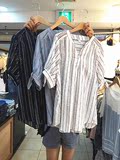 韩国代购 进口女装2016夏季新款珠链条纹蝴蝶结短袖衬衫