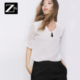 ZK喇叭袖镂空V领短袖雪纺衫女时尚气质白色雪纺上衣2016夏装新款
