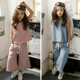 韩国2016夏装新款韩版中大女童纯棉无袖纯色上衣+阔腿裤两件套装