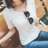 韩版夏季中袖T恤女学生圆领修身五分打底衫纯棉半袖紧身短款体恤