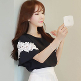 现货韩国代购Fiona女装2016夏季甜美淑女蕾丝宽松短袖圆领衬衫
