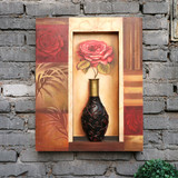 美式乡村复古玫瑰花瓶壁饰 油画效果 树脂小花瓶墙饰 创意壁挂