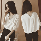 2016夏装新款韩范学院风白色衬衫修身显瘦蝙蝠袖V领女雪纺衫衬衣
