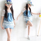 女童套装夏季新款韩版连衣裙中大童时尚牛仔蕾丝裙子加短裤