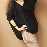 2016春秋韩版v领镂空大码蝙蝠衫针织衫长袖套头网衫镂空罩衫