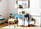 美式实木做旧雕花欧式描金书桌玄关地中海蓝色实木家具书桌梳妆台