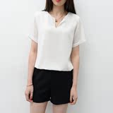 2016夏季新款雪纺短袖T恤女士宽松大码纯色上衣简约v领学生打底衫