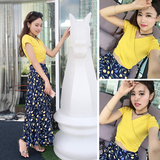 2016夏季新款韩版女装短袖套装印花长裙修身显瘦气质两件套连衣裙