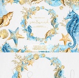唯美水彩风海洋海马海星珊瑚 海螺贝壳单页画册 PNG免扣设计素材
